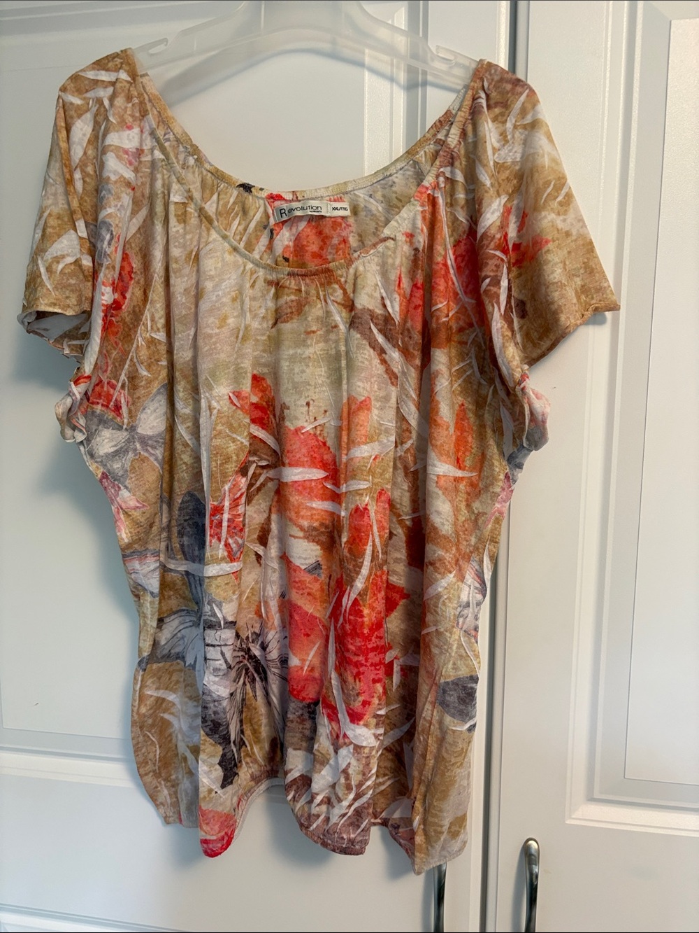Revolution Beige and Coral Floral Scoop Neck Blouse